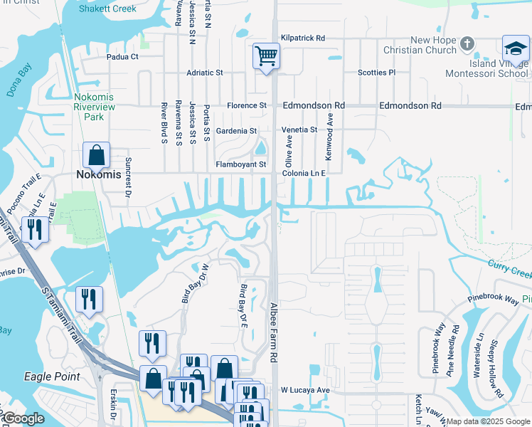 map of restaurants, bars, coffee shops, grocery stores, and more near 841 Waterside Drive in Venice