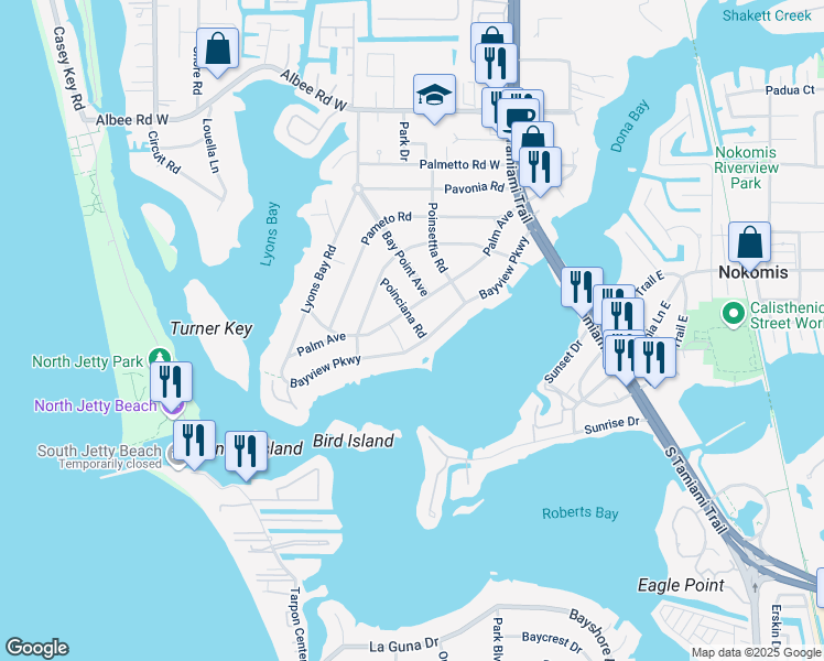 map of restaurants, bars, coffee shops, grocery stores, and more near 706 Poinciana Road in Nokomis