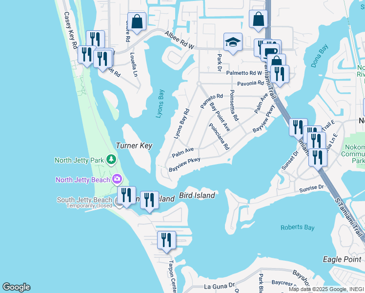 map of restaurants, bars, coffee shops, grocery stores, and more near 601 Coconut Crescent in Nokomis