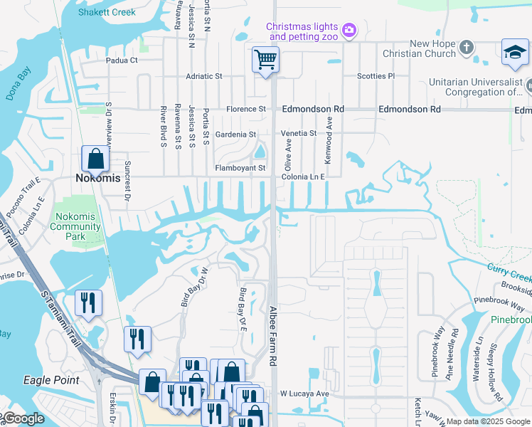 map of restaurants, bars, coffee shops, grocery stores, and more near 841 Waterside Drive in Venice