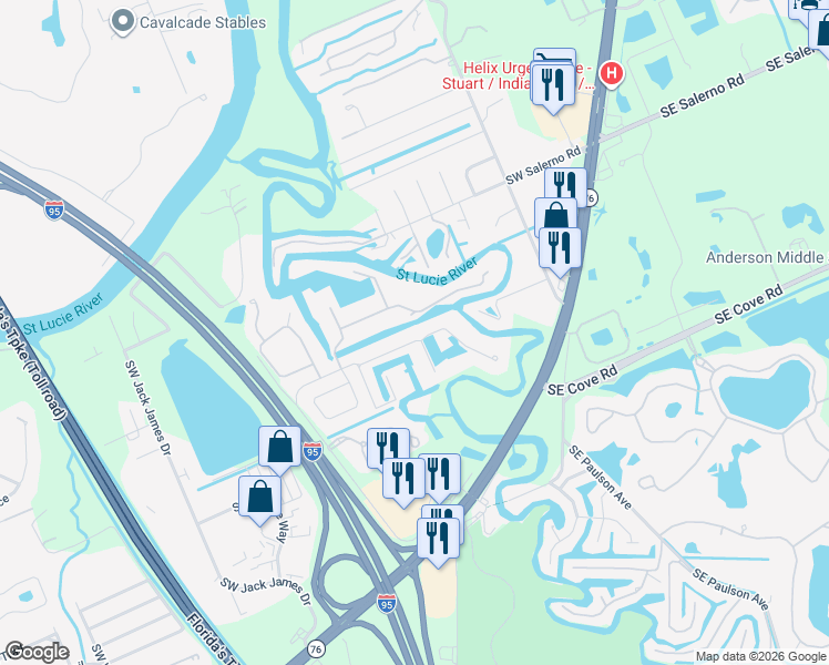 map of restaurants, bars, coffee shops, grocery stores, and more near 7198 Southwest Quiet River Court in Stuart