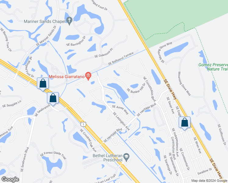 map of restaurants, bars, coffee shops, grocery stores, and more near 6297 Southeast Tory Place in Hobe Sound