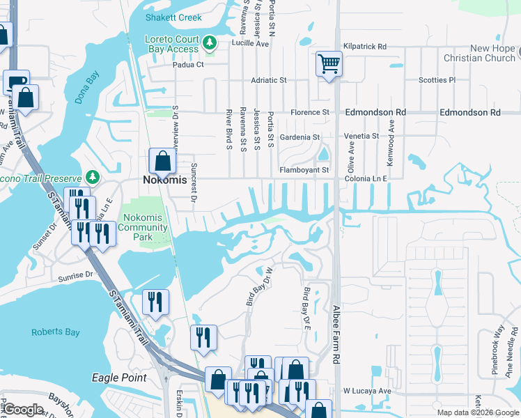 map of restaurants, bars, coffee shops, grocery stores, and more near 18101 Wooden Skiff Ct. in Nokomis