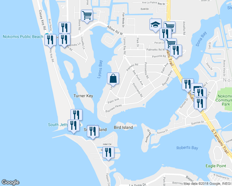 map of restaurants, bars, coffee shops, grocery stores, and more near 602 Coconut Crescent in Nokomis
