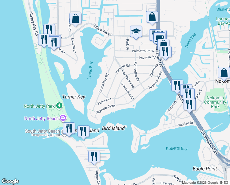 map of restaurants, bars, coffee shops, grocery stores, and more near 502 Pine Road in Nokomis