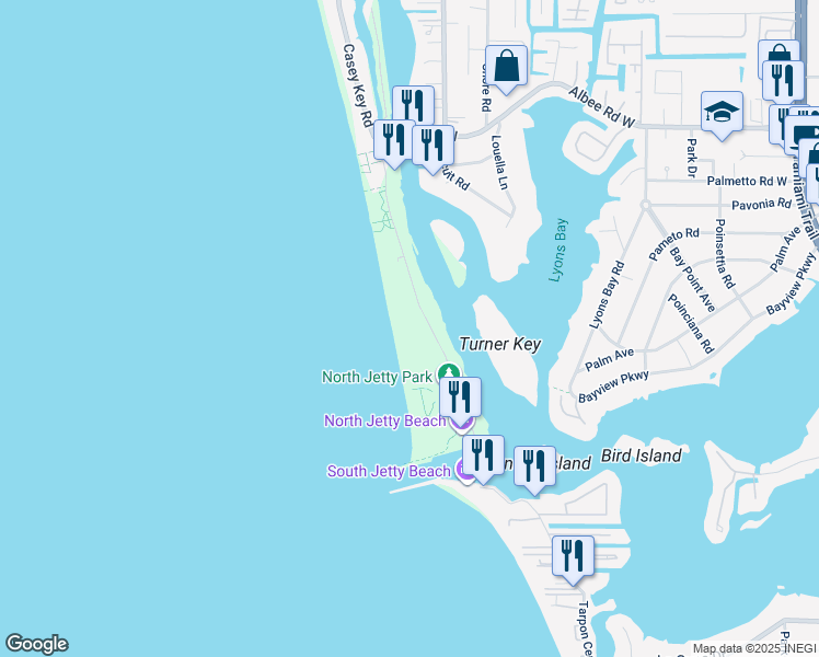 map of restaurants, bars, coffee shops, grocery stores, and more near 608 South Casey Key Road in Nokomis