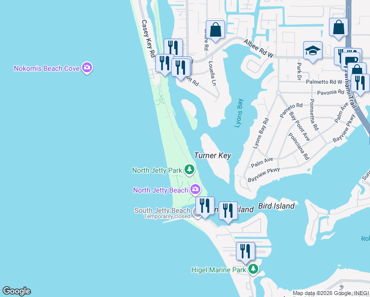 map of restaurants, bars, coffee shops, grocery stores, and more near 519 South Casey Key Road in Nokomis
