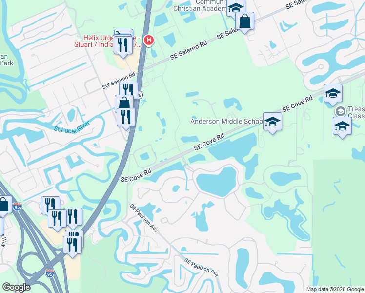 map of restaurants, bars, coffee shops, grocery stores, and more near 371 SE Cove Rd in Stuart