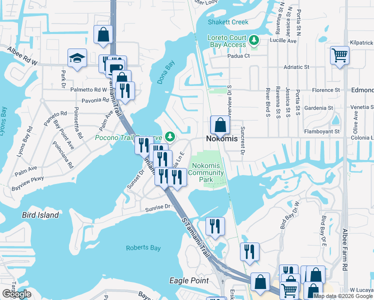 map of restaurants, bars, coffee shops, grocery stores, and more near 238 Colonia Lane East in Nokomis