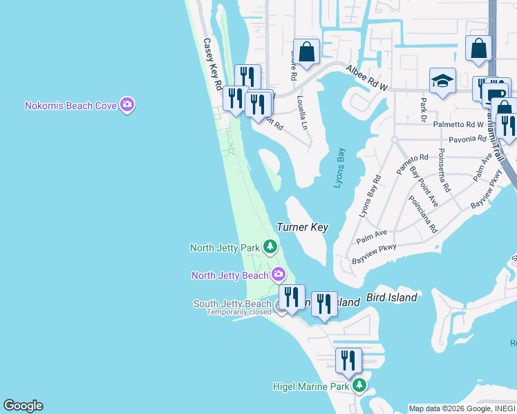 map of restaurants, bars, coffee shops, grocery stores, and more near 519 South Casey Key Road in Nokomis