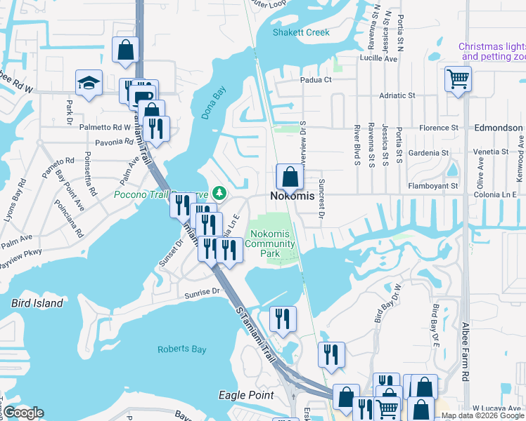 map of restaurants, bars, coffee shops, grocery stores, and more near 615 Osceola Road in Nokomis