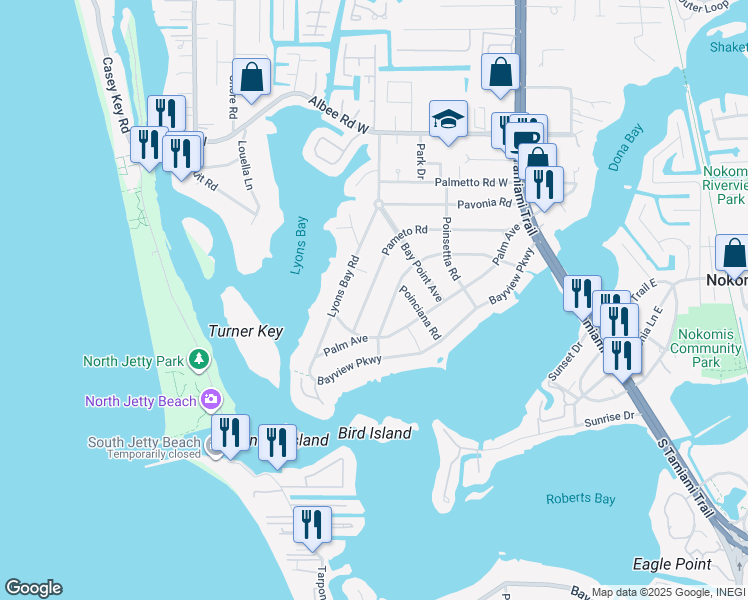 map of restaurants, bars, coffee shops, grocery stores, and more near 502 Pine Road in Nokomis