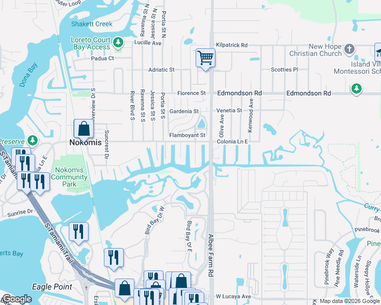 map of restaurants, bars, coffee shops, grocery stores, and more near 607 Elba Drive in Nokomis