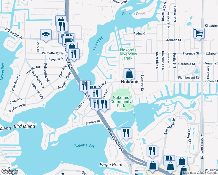 map of restaurants, bars, coffee shops, grocery stores, and more near 238 Colonia Lane East in Nokomis