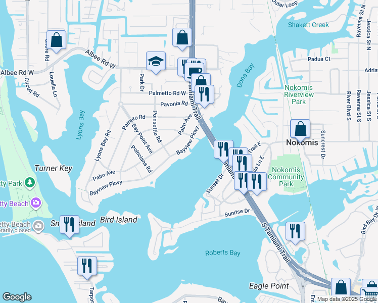 map of restaurants, bars, coffee shops, grocery stores, and more near 205 Bayview Parkway in Nokomis