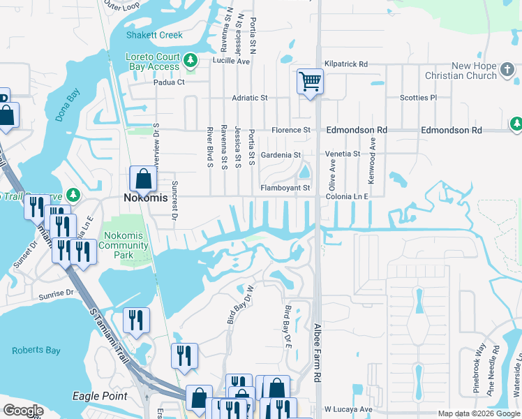 map of restaurants, bars, coffee shops, grocery stores, and more near 607 Barnes Parkway in Nokomis