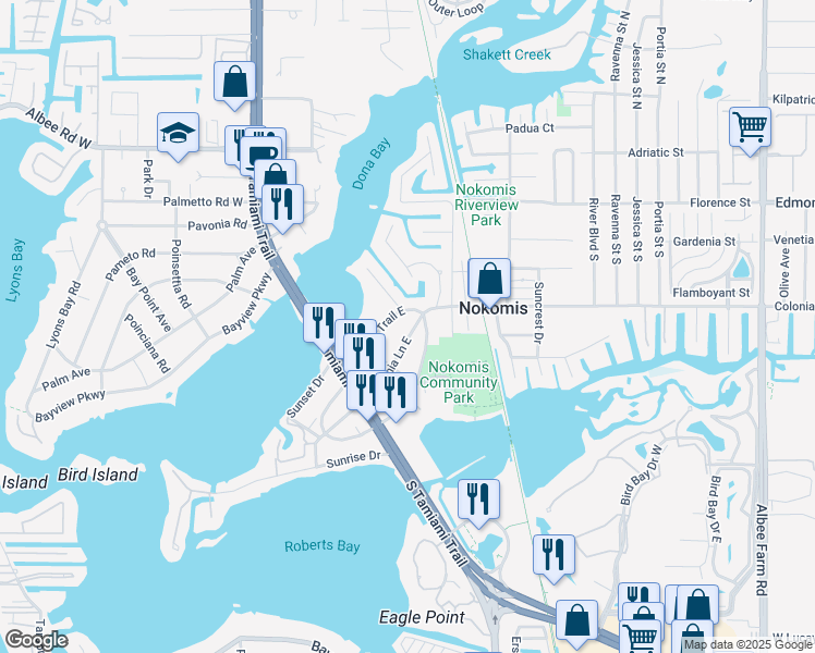 map of restaurants, bars, coffee shops, grocery stores, and more near 237 Colonia Lane East in Nokomis