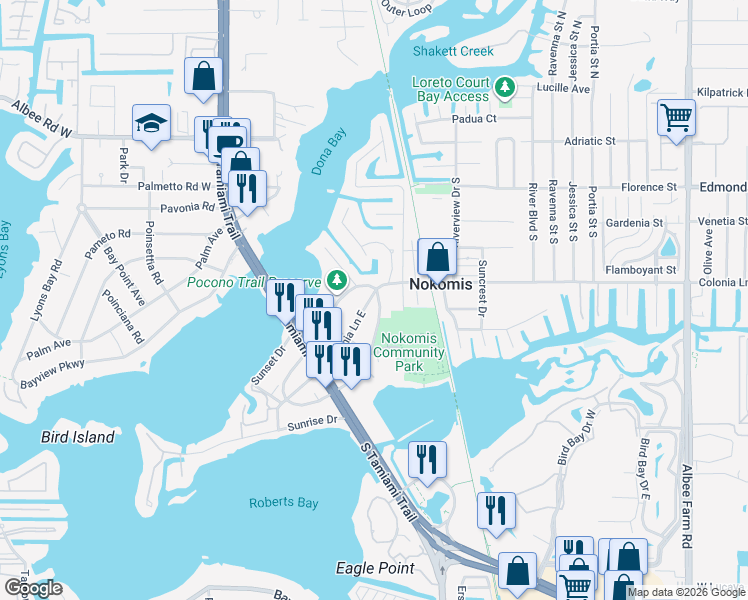 map of restaurants, bars, coffee shops, grocery stores, and more near 238 Colonia Lane East in Nokomis