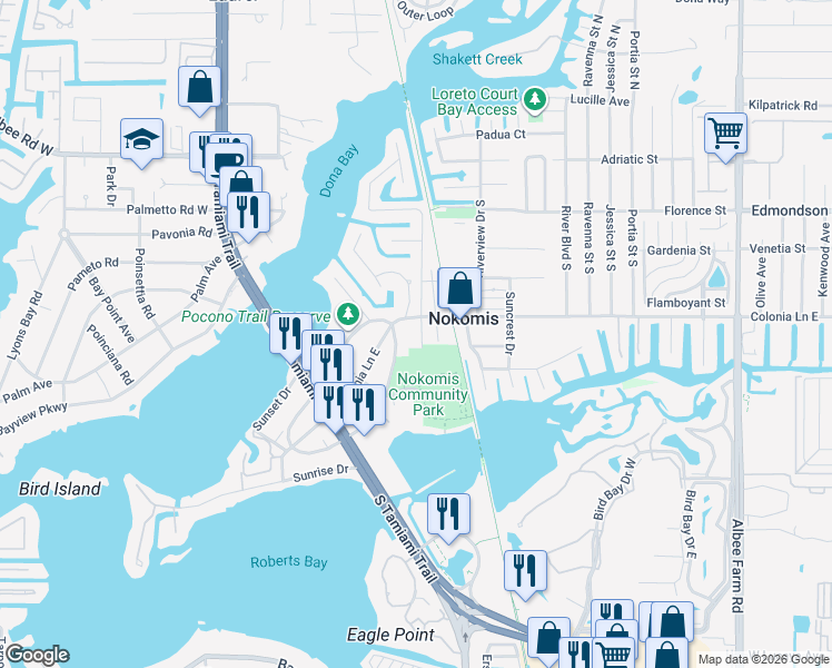map of restaurants, bars, coffee shops, grocery stores, and more near 605 Osceola Road in Nokomis