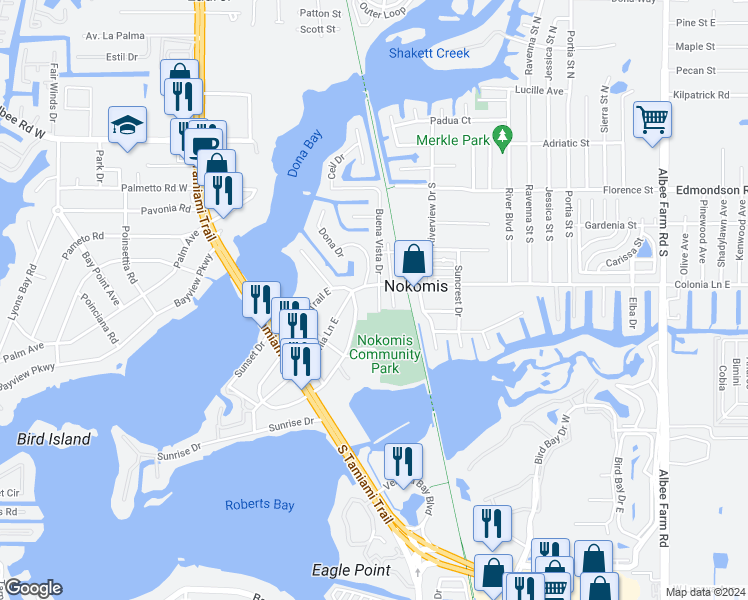 map of restaurants, bars, coffee shops, grocery stores, and more near 607 Osceola Road in Nokomis