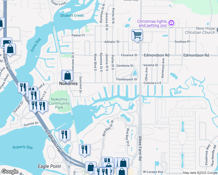 map of restaurants, bars, coffee shops, grocery stores, and more near 18071 Wooden Skiff Ct. in Nokomis