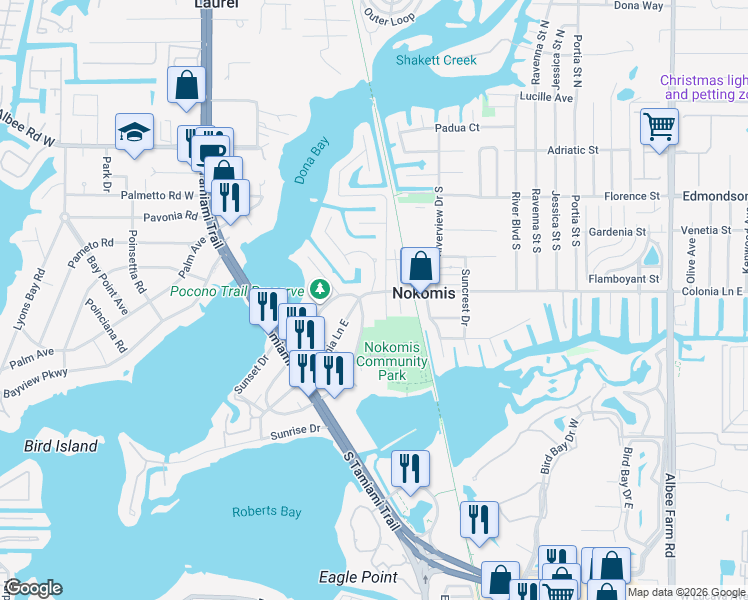 map of restaurants, bars, coffee shops, grocery stores, and more near 615 Osceola Road in Nokomis