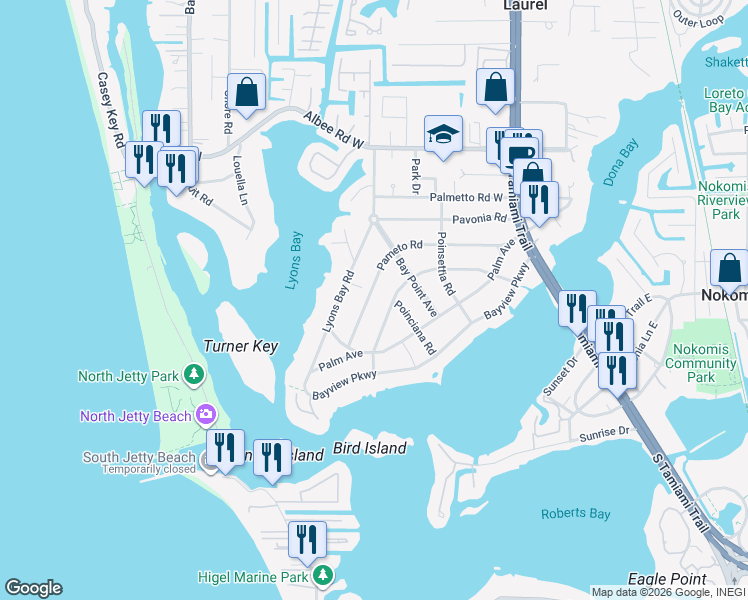 map of restaurants, bars, coffee shops, grocery stores, and more near 502 Pine Road in Nokomis