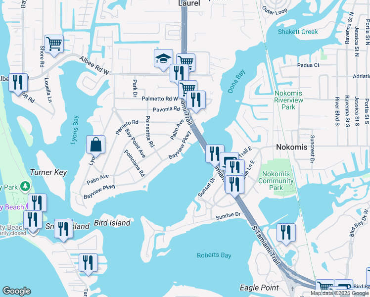 map of restaurants, bars, coffee shops, grocery stores, and more near 205 Bayview Parkway in Nokomis