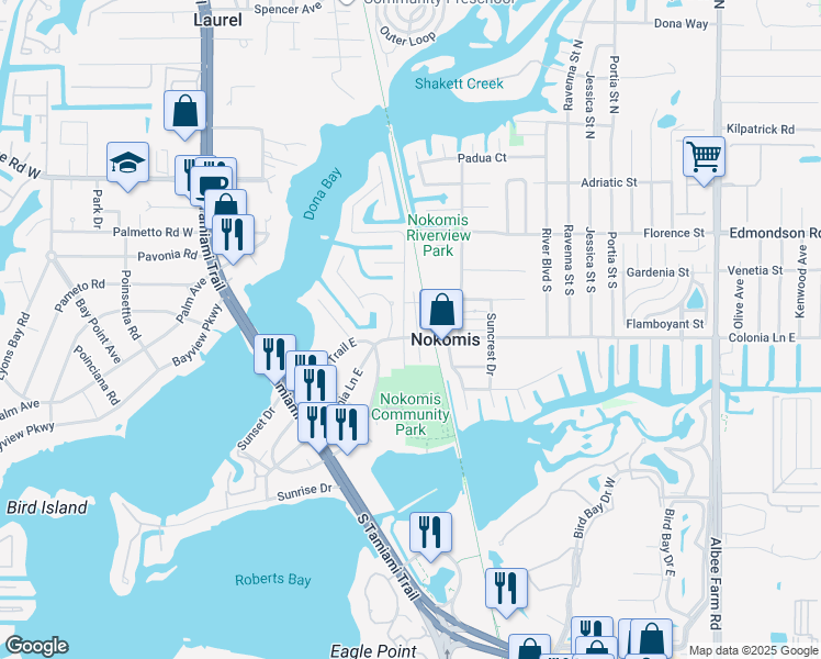 map of restaurants, bars, coffee shops, grocery stores, and more near 401 Colonia Lane East in Nokomis