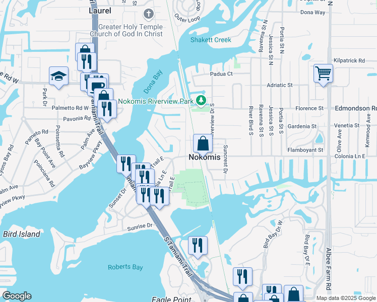 map of restaurants, bars, coffee shops, grocery stores, and more near 512 Dona Drive in Nokomis