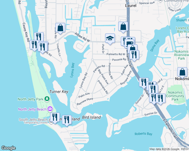 map of restaurants, bars, coffee shops, grocery stores, and more near 411 Pameto Road in Nokomis