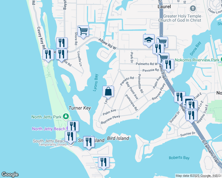 map of restaurants, bars, coffee shops, grocery stores, and more near 499 Lyons Bay Road in Nokomis