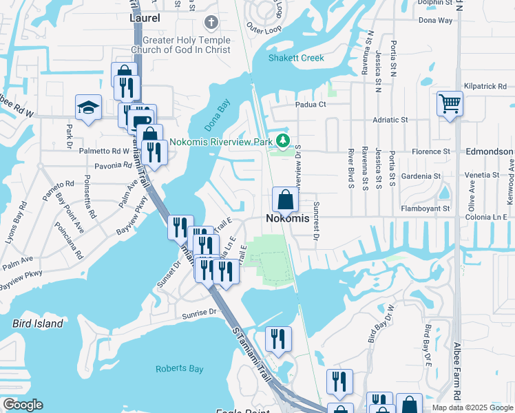 map of restaurants, bars, coffee shops, grocery stores, and more near 512 Dona Drive in Nokomis