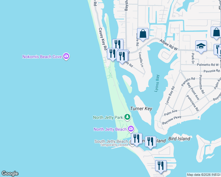map of restaurants, bars, coffee shops, grocery stores, and more near 408 South Casey Key Road in Nokomis