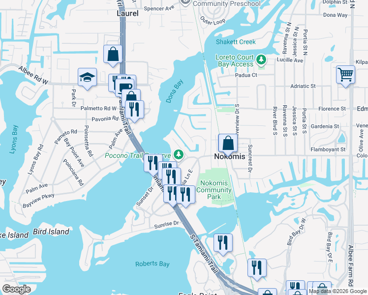 map of restaurants, bars, coffee shops, grocery stores, and more near 503 Dona Drive in Nokomis