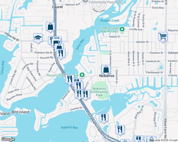 map of restaurants, bars, coffee shops, grocery stores, and more near 503 Dona Dr in Nokomis