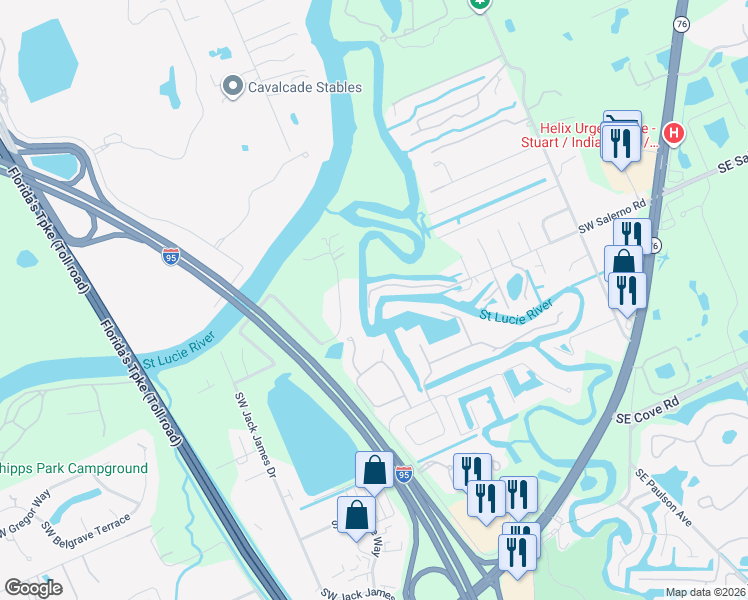 map of restaurants, bars, coffee shops, grocery stores, and more near 820 Southwest Salerno Road in Stuart