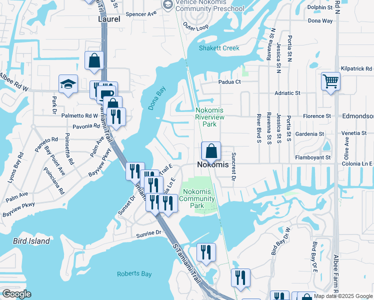 map of restaurants, bars, coffee shops, grocery stores, and more near 512 Dona Drive in Nokomis
