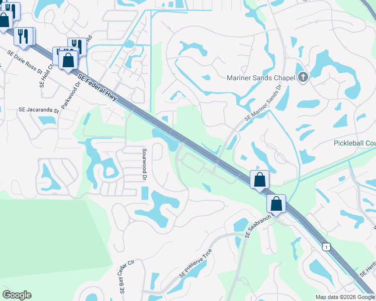 map of restaurants, bars, coffee shops, grocery stores, and more near 5211 Southeast Mariner Garden Circle in Stuart