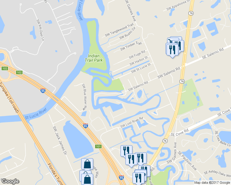 map of restaurants, bars, coffee shops, grocery stores, and more near 625 Southwest Salerno Road in Stuart