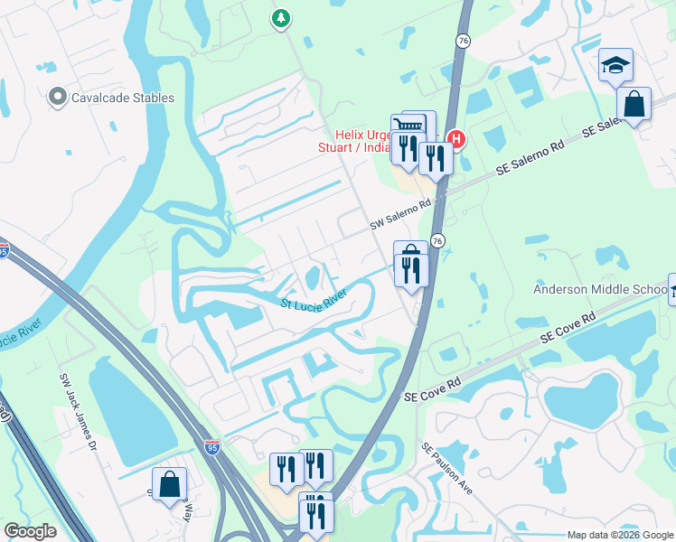 map of restaurants, bars, coffee shops, grocery stores, and more near 322 Southwest Salerno Road in Stuart