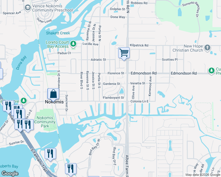 map of restaurants, bars, coffee shops, grocery stores, and more near 148 Camellia Street in Nokomis