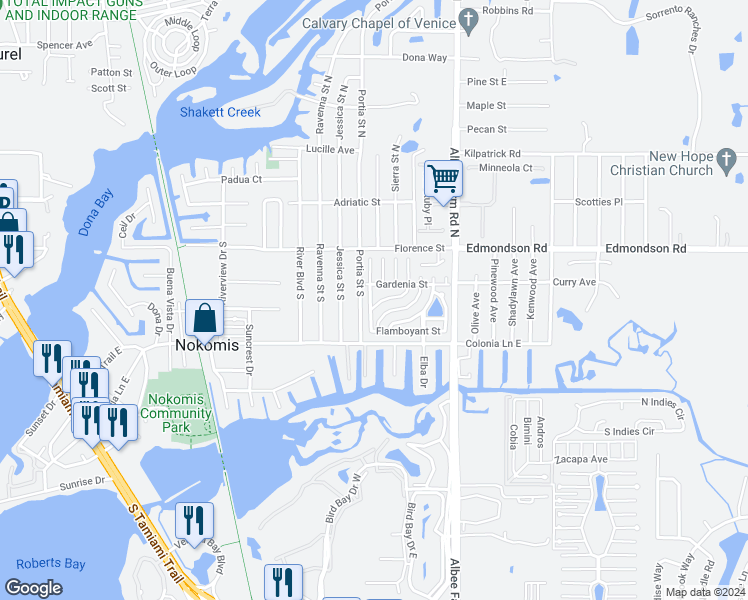 map of restaurants, bars, coffee shops, grocery stores, and more near 135 Orange Blossom Street in Nokomis