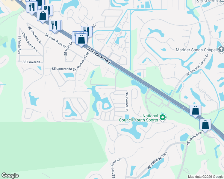 map of restaurants, bars, coffee shops, grocery stores, and more near 4631 Southeast Cottonwood Terrace in Stuart