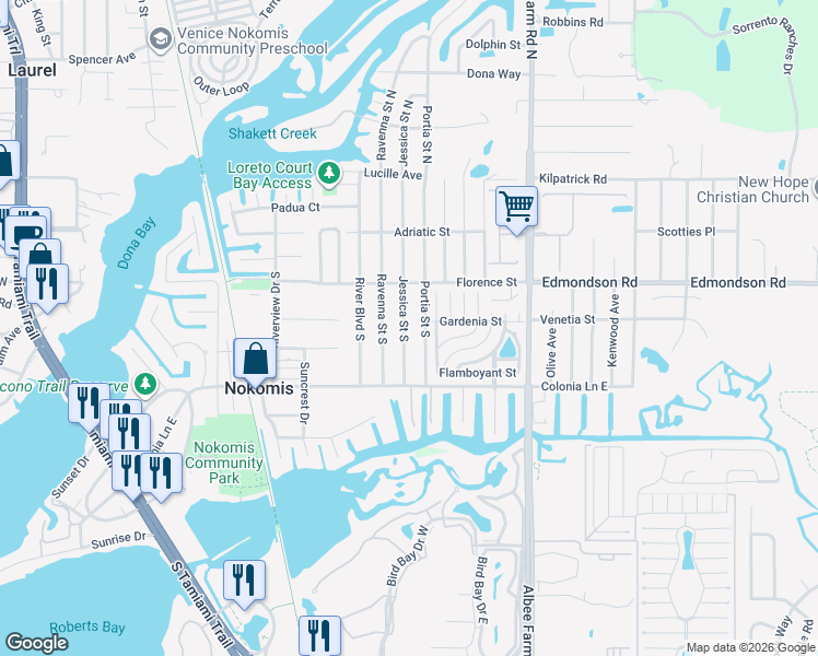 map of restaurants, bars, coffee shops, grocery stores, and more near 400 Jessica Street South in Nokomis