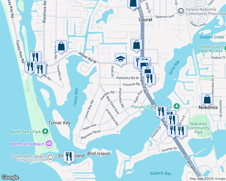 map of restaurants, bars, coffee shops, grocery stores, and more near 310 Pameto Road in Nokomis