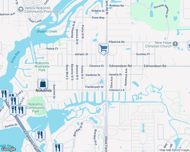 map of restaurants, bars, coffee shops, grocery stores, and more near 148 Camellia Street in Nokomis