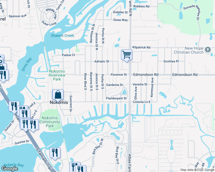 map of restaurants, bars, coffee shops, grocery stores, and more near 118 Gardenia Street in Nokomis