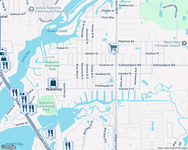 map of restaurants, bars, coffee shops, grocery stores, and more near 35 Orange Blossom Street in Nokomis