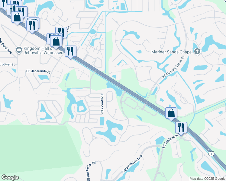 map of restaurants, bars, coffee shops, grocery stores, and more near 4868 Southeast Mariner Village Lane in Stuart